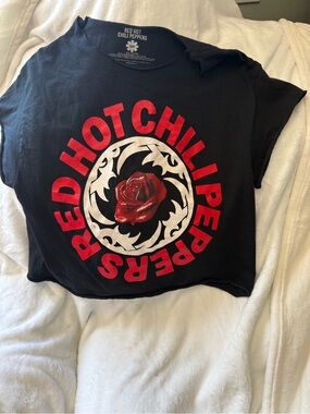 Red Hot Chili Peppers Black Crop Tee with Red Rose Graphic